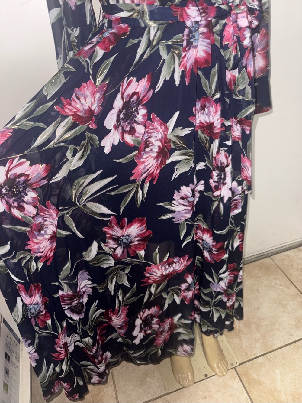 Black Floral Wrap Maxi Dress with Pink Blooms and Tie Waist - Picture 4 of 10